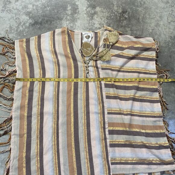 Z L Kaftan Dress Large Boho Striped Brown Multi Tie Neck Tassel Fringe Beach - Picture 2 of 9